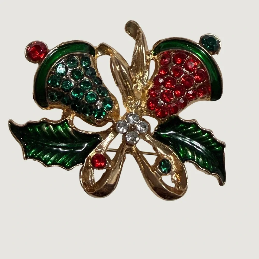 Christmas Bells Brooch Pin - Red & Green Rhinestone Holiday Jewelry